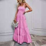 Vestido largo de mujer – Algodón ligero – Cuerpo fruncido – Falda evasé con volantes – Tirantes finos