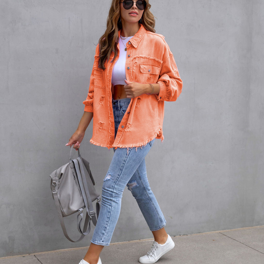Chaqueta vaquera para mujer – Corte oversize – Lavado desgastado – Largo hasta media cadera