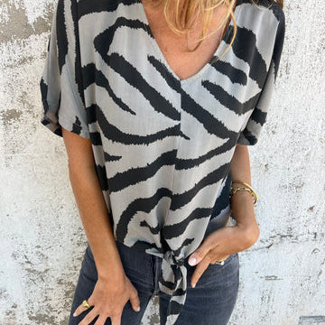 Top de mujer – Cuello en V – Mangas cortas – Estampado de cebra – Lazo delantero – Corte relajado