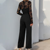 Mono de mujer – Elegante encaje – Mangas largas – Piernas anchas – Cinturón ajustable