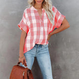 Blusa de mujer – Corte holgado – Estampado de cuadros – Mangas cortas – Algodón transpirable