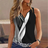 Top sin mangas para mujer – Cuello en V – Corte fluido – Botones decorativos – Estampado moderno
