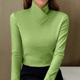 Top de mujer - Jersey elástico - Corte ajustado - Mangas largas - Cuello alto asimétrico