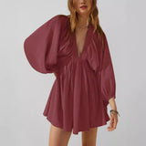Vestido corto de mujer – lino y algodón – corte holgado – manga larga – escote en pico