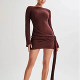 Minivestido de mujer – Corte ajustado – Tejido texturizado – Mangas largas – Fruncido ajustable