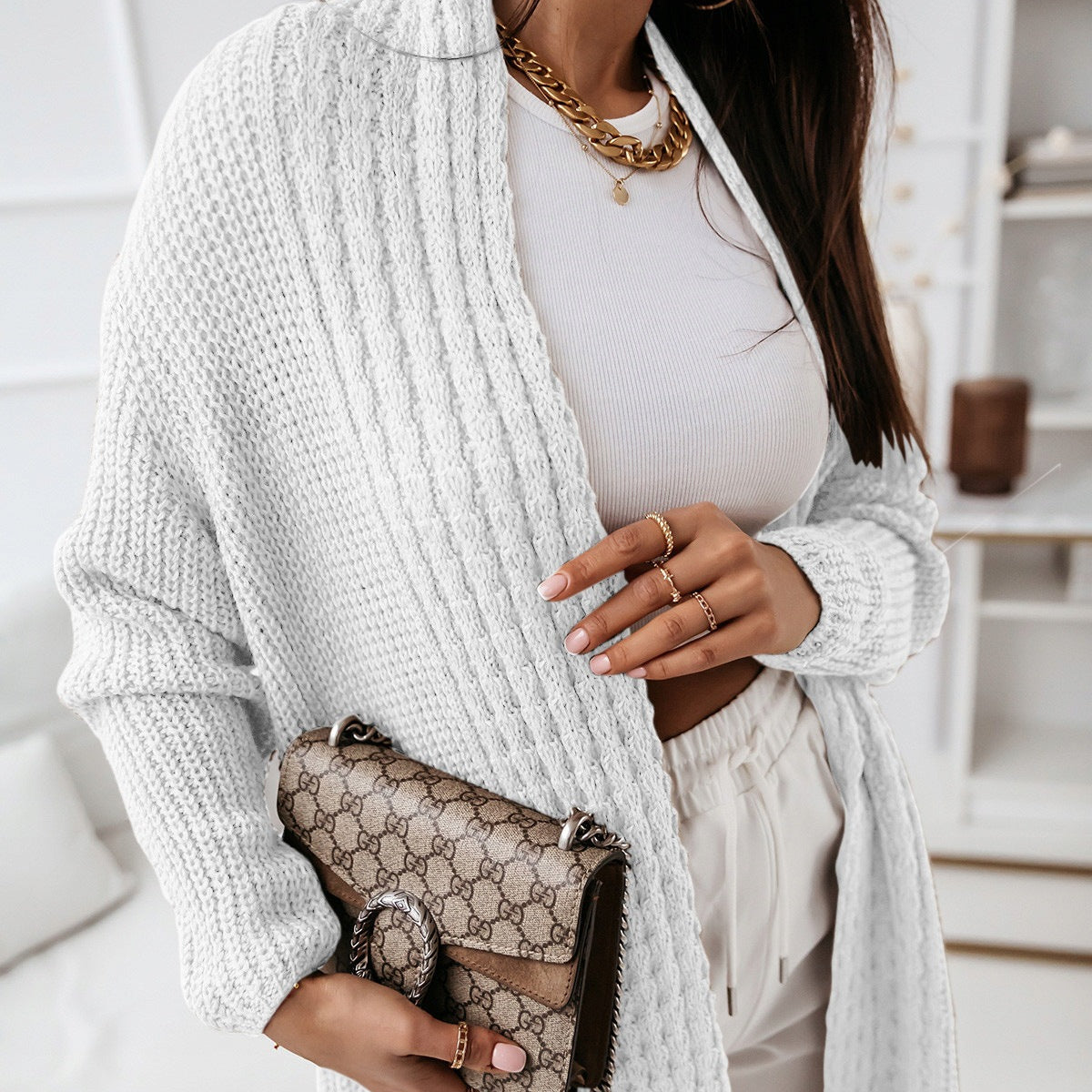 Cárdigan largo para mujer – Corte oversize – Punto texturizado – Parte delantera abierta