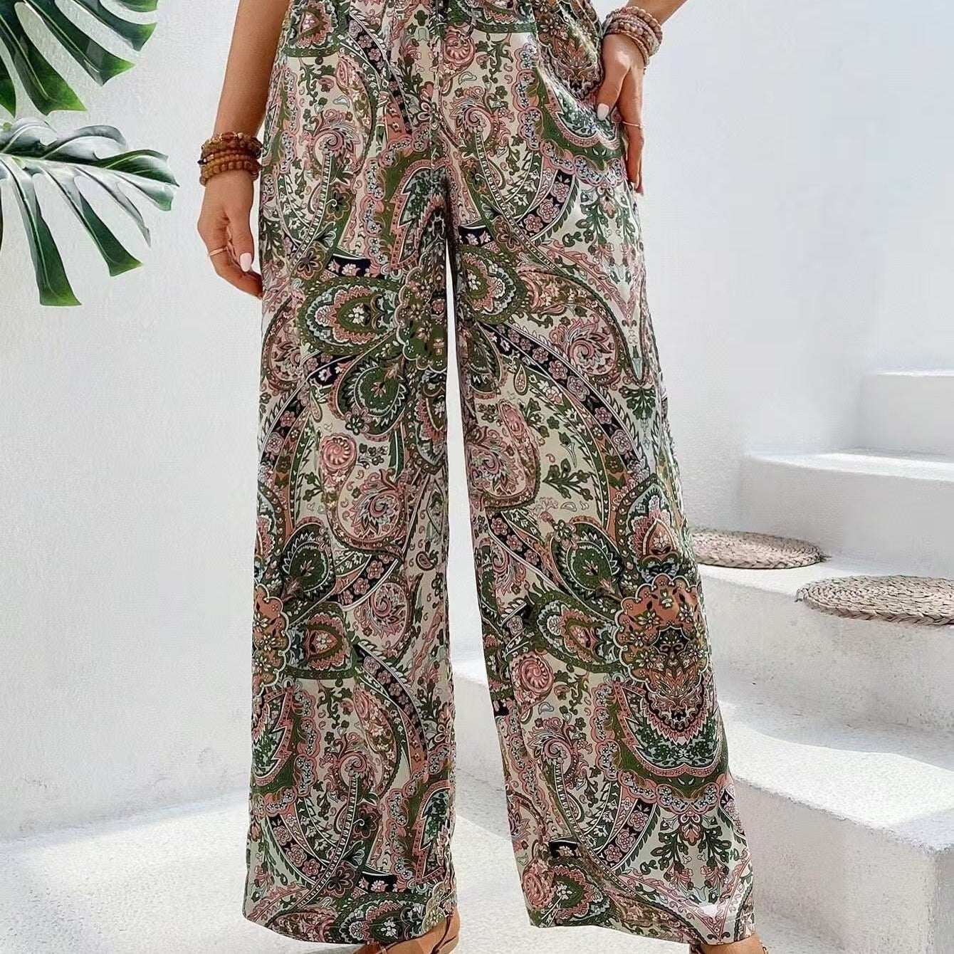 Pantalón ancho de mujer – Tejido transpirable – Corte fluido – Cintura elástica bohemia