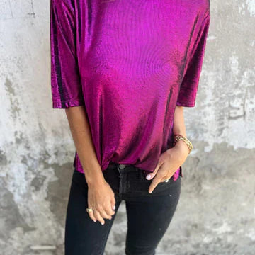 Blusa de mujer – Corte fluido – Tejido ligero y brillante – Mangas cortas – Estilo drapeado