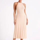Vestido midi de mujer – Punto acanalado – Corte entallado – Cuello halter – Falda plisada