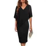 Vestido de mujer – Corte entallado – Escote en pico – Tejido fluido – Largo midi elegante