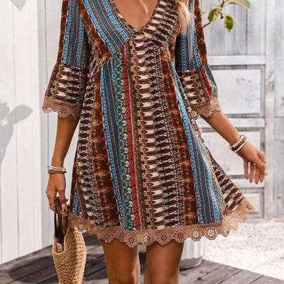 Vestido de mujer – Corte evasé – Escote en pico – Estampado bohemio – Mangas 3/4 – Encaje – Tejido ligero