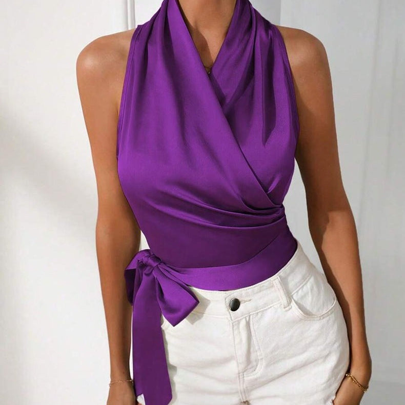 Top de mujer - Elegante espalda abierta - Estilo cruzado - Efecto seda satinada - Cintura ajustable