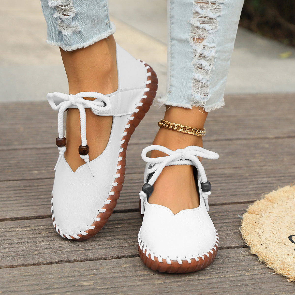Zapatos de mujer – Punta redonda cerrada – Suela flexible – Cordones decorativos cómodos