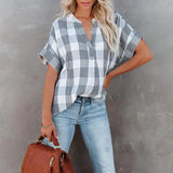 Blusa de mujer – Corte holgado – Estampado de cuadros – Mangas cortas – Algodón transpirable