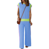 Conjunto de mujer – Tejido ligero – Top de manga 3/4 – Pantalón acampanado 7/8 – Detalle en contraste
