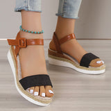 Sandalias de cuña para mujer – Piel sintética – Plataforma de yute – Punta abierta – Correa con hebilla