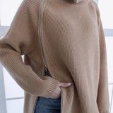 Suéter de punto para mujer – Corte oversize – Cuello ancho – Cierre de cremallera asimétrico