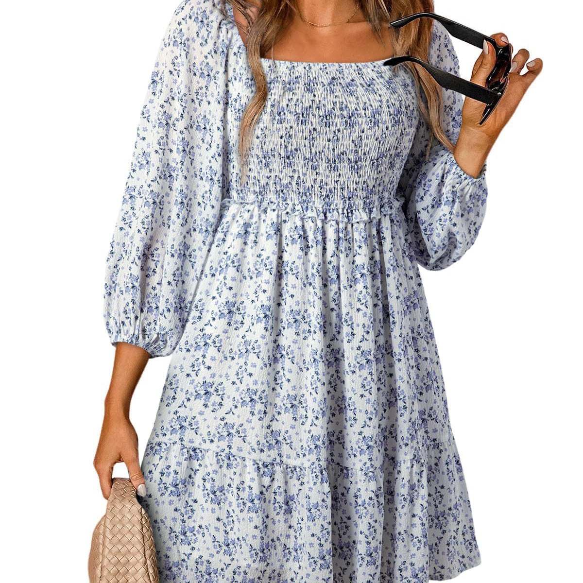 Vestido de mujer de corte A – Mezcla de algodón – Cuello en U – Mangas cortas – Estampado floral – Corte holgado