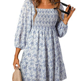 Vestido de mujer de corte A – Mezcla de algodón – Cuello en U – Mangas cortas – Estampado floral – Corte holgado