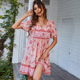 Vestido mini acampanado para mujer – Algodón ligero – Mangas abullonadas – Cuello en V – Estampado floral