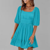Vestido evasé para mujer – Algodón ligero – Mangas abullonadas – Escote cuadrado – Bajo con volantes