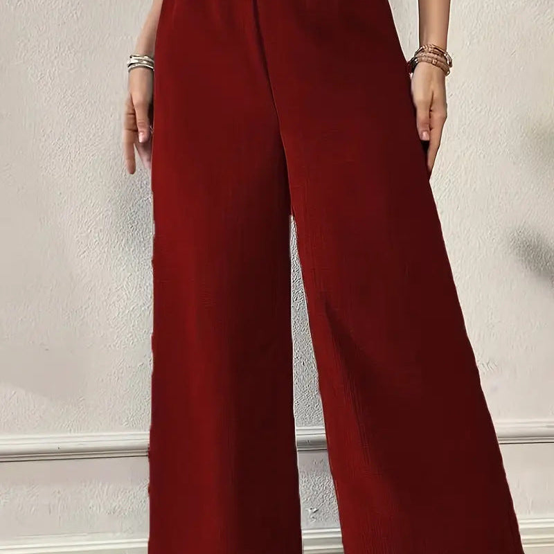 Pantalón ancho de mujer – Cintura alta – Tejido fluido – Largo completo – Cintura elástica