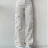 Pantalones cargo para mujer - Cintura alta - Corte holgado - Bolsillos laterales funcionales