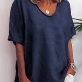 Camiseta de mujer – Corte relajado – Mezcla de algodón y lino – Cuello en V – Mangas cortas