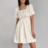 Vestido evasé para mujer – Algodón ligero – Mangas abullonadas – Estampado floral – Escote cuadrado