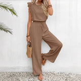 Conjunto de ropa de estar por casa para mujer: Top de encaje sin mangas y pantalón ancho con cordón ajustable.