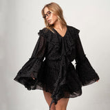 Vestido mini de mujer – Gasa ligera – Acampanado – Cuello con volantes – Mangas acampanadas – Lunares