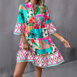 Vestido de corte A para mujer – Corte holgado – Mangas con volantes – Cuello en V – Estampado gráfico