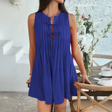 Vestido sin mangas para mujer – Corte holgado – Plisado – Cuello redondo con lazo – Corto