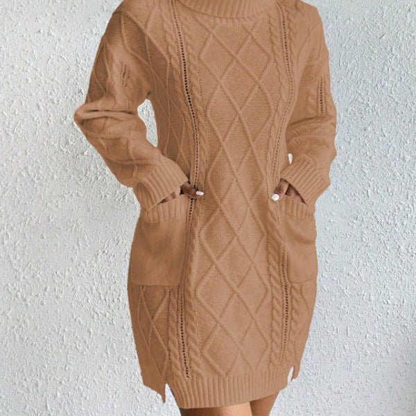 Vestido de jersey para mujer – Corte entallado – Punto trenzado – Cuello alto – Mangas largas