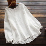 Blusa de mujer – Corte holgado – Mangas largas – Lino de algodón – Volantes elegantes