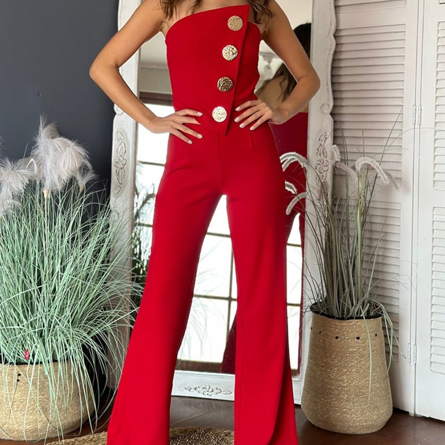 Mono de mujer – Corte entallado – Piernas acampanadas – Bustier – Botones decorativos
