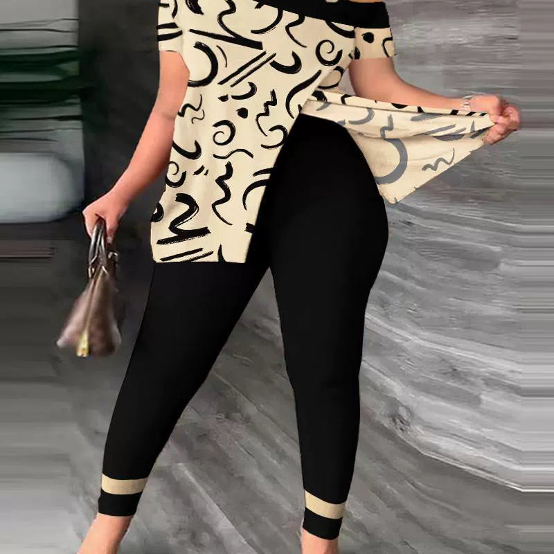 Conjunto de mujer: Top holgado con hombros descubiertos, pantalón ajustado estampado y tejido ligero.