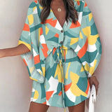 Vestido floral con mangas kimono para mujer - Abotonado en la parte delantera - Cinturón en la cintura