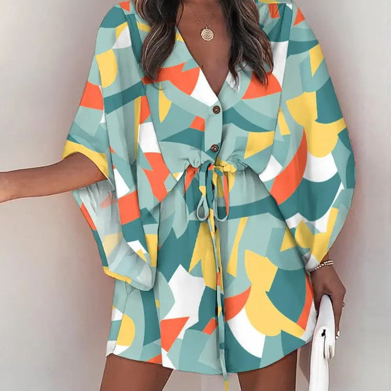 Vestido floral con mangas kimono para mujer - Abotonado en la parte delantera - Cinturón en la cintura