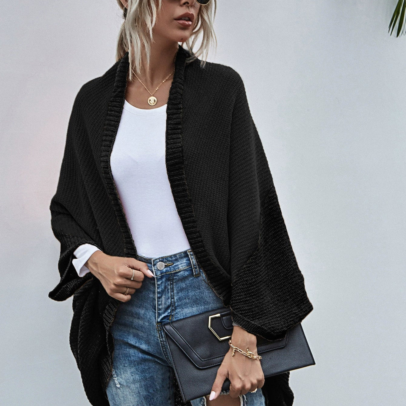 Cárdigan de mujer – Corte oversize – Punto de lana – Parte delantera abierta – Mangas murciélago