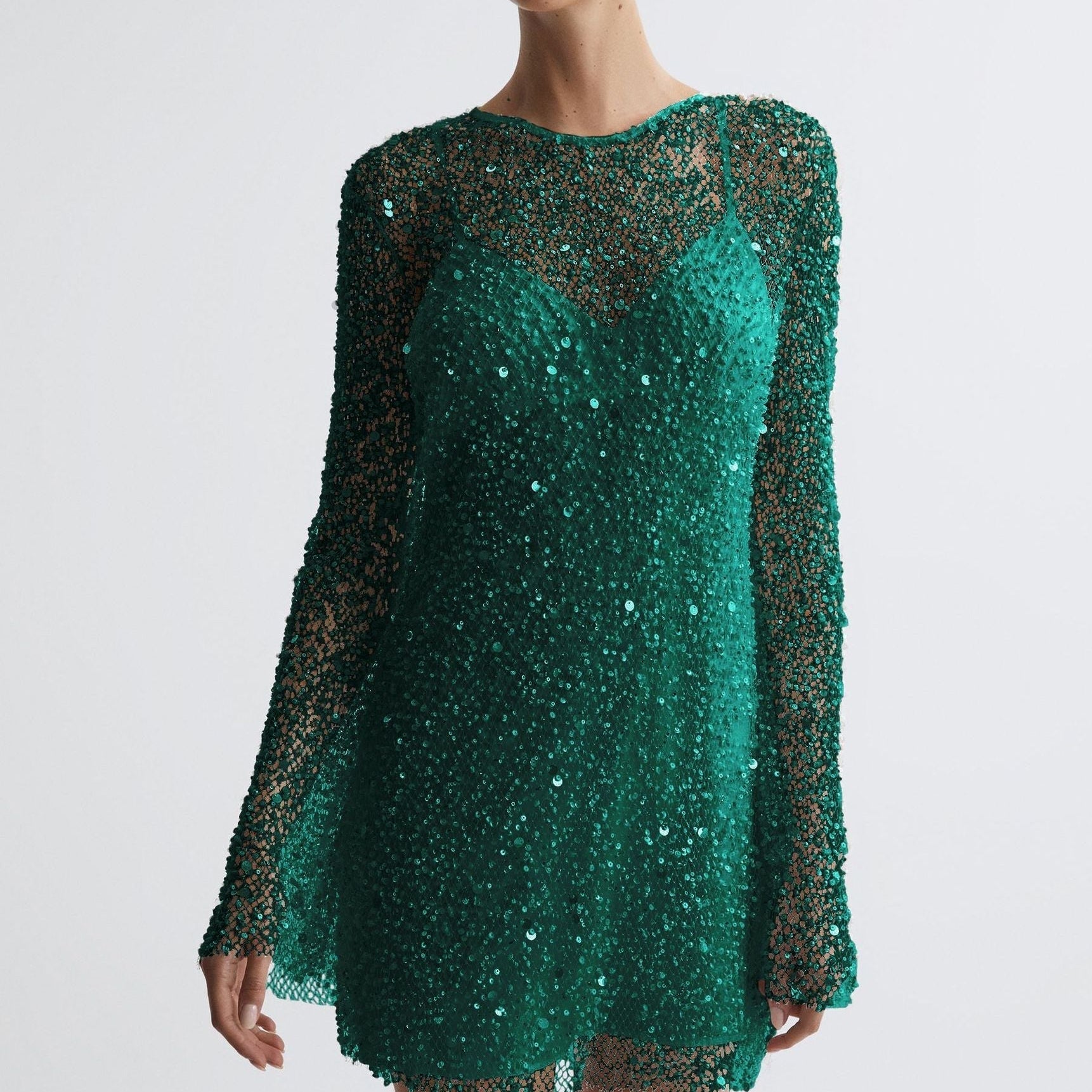 Vestido de cóctel para mujer – Corte entallado – Mangas largas – Lentejuelas – Largo mini