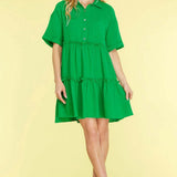 Vestido corto de mujer – Cuello camisero – Lino de algodón – Corte holgado – Mangas cortas acampanadas