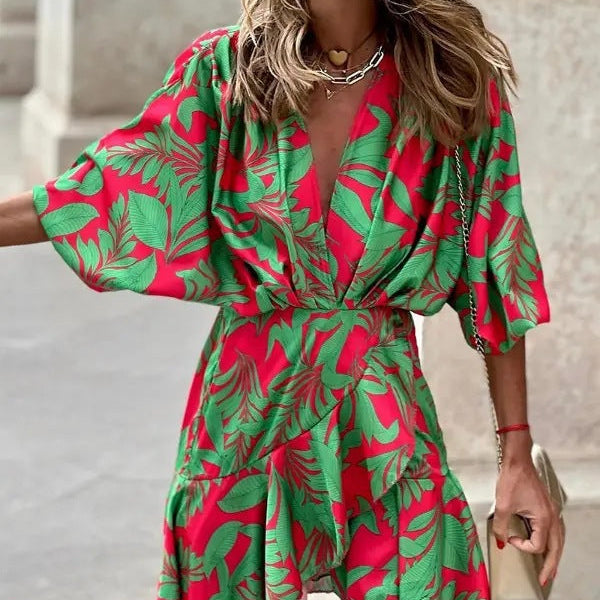 Vestido de mujer corte A – Escote en pico – Mangas murciélago – Bajo asimétrico