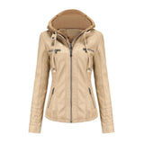 Chaqueta con capucha para mujer – Piel sintética – Corte entallado – Capucha desmontable – Bolsillos con cremallera