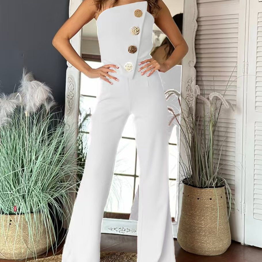 Mono de mujer – Un hombro – Corte entallado – Pantalón fluido de pierna ancha – Botones