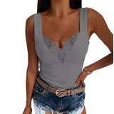 Top sin mangas para mujer – Cuello en V de encaje – Corte ajustado – Elegante y versátil