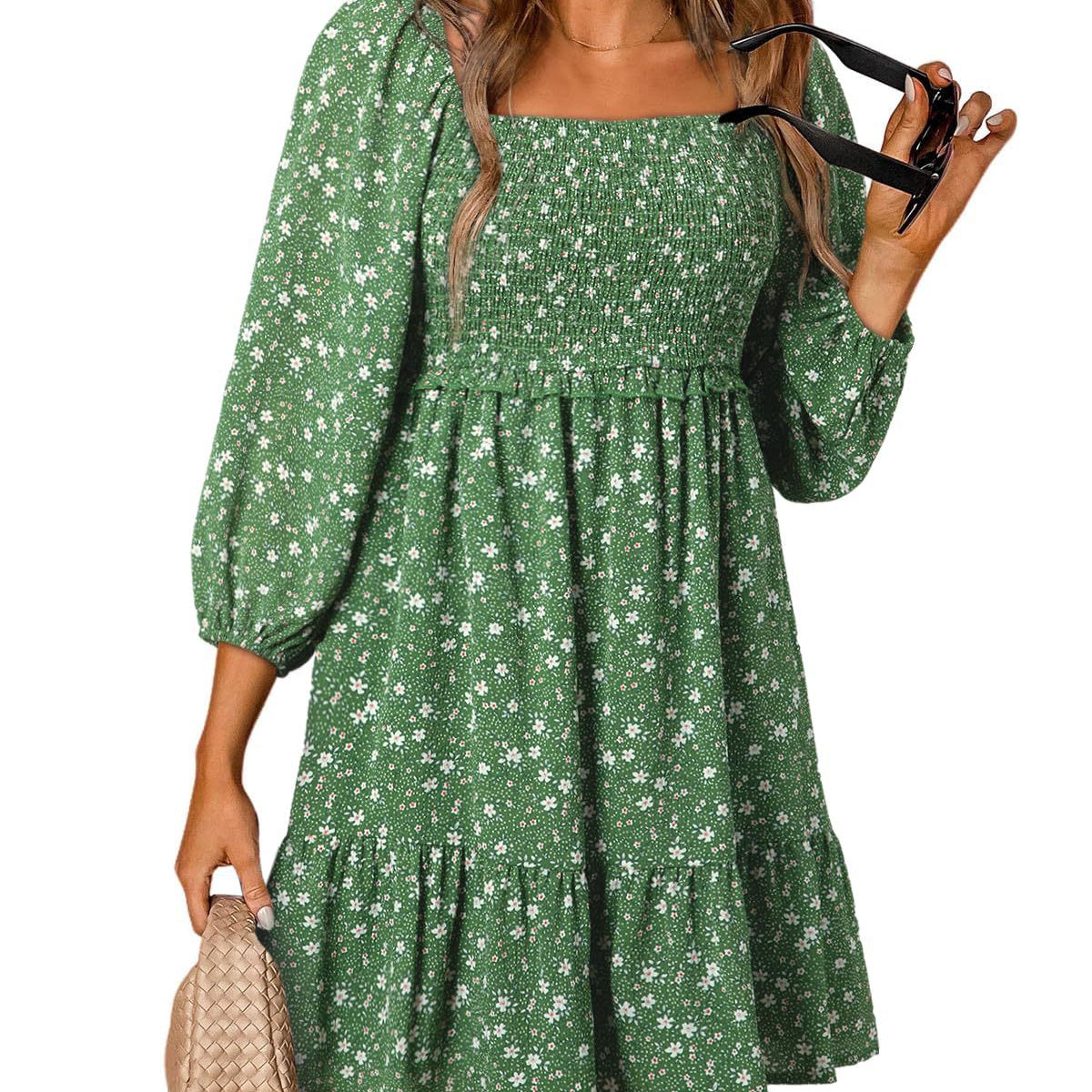 Vestido evasé para mujer – Algodón ligero – Mangas abullonadas – Cuello redondo – Estampado floral