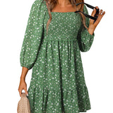 Vestido evasé para mujer – Algodón ligero – Mangas abullonadas – Cuello redondo – Estampado floral
