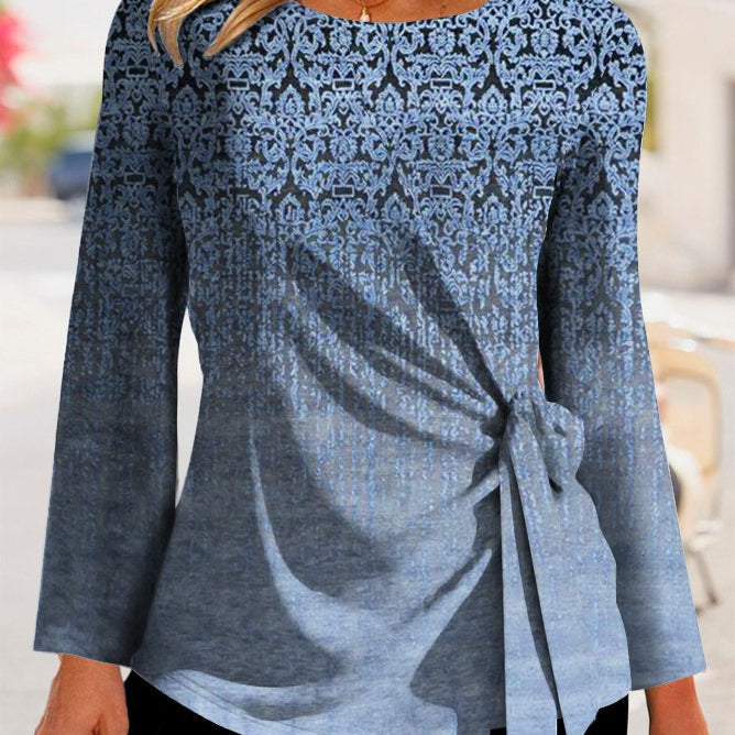 Camiseta de manga larga para mujer – Corte holgado – Detalle de lazo lateral – Tejido suave y transpirable