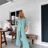 Conjunto de camisa y pantalón para mujer – Corte holgado – Estampado geométrico – Tejido transpirable